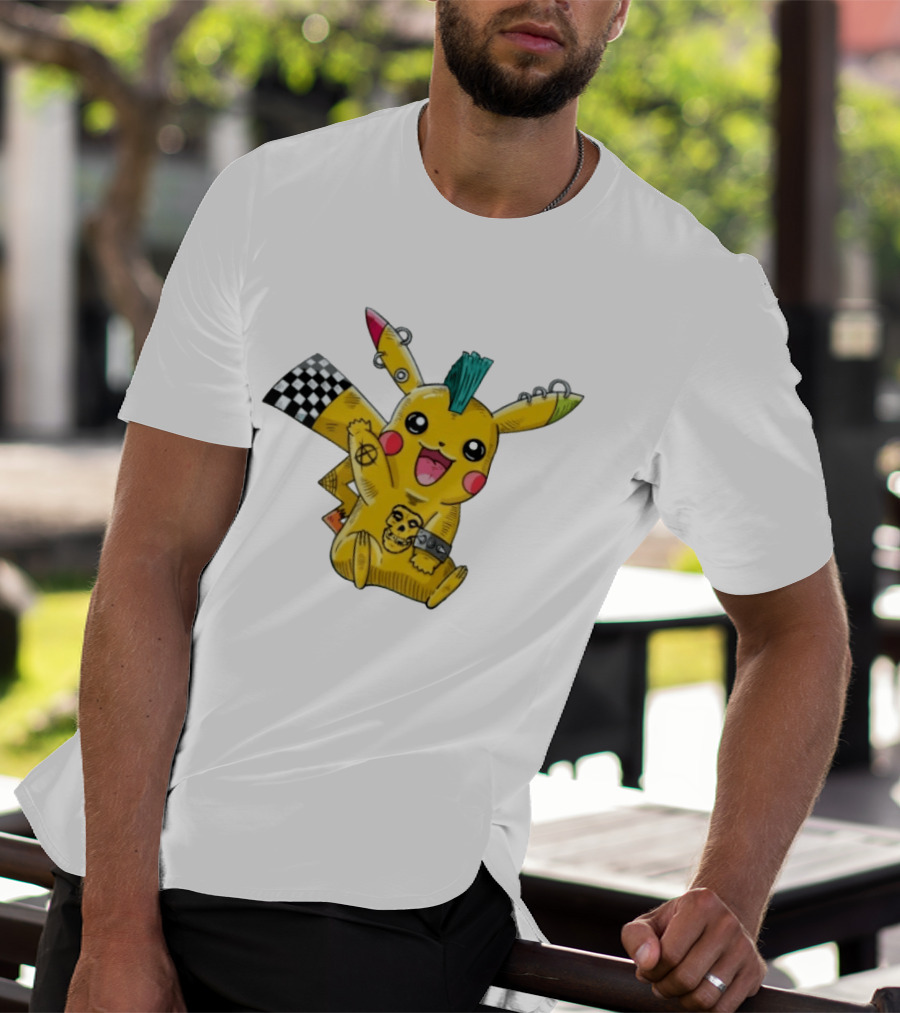 Punkachu Pikachu Mohawk Skull Anarchist Punk Rock Style Checkered Flag Details T-Shirt