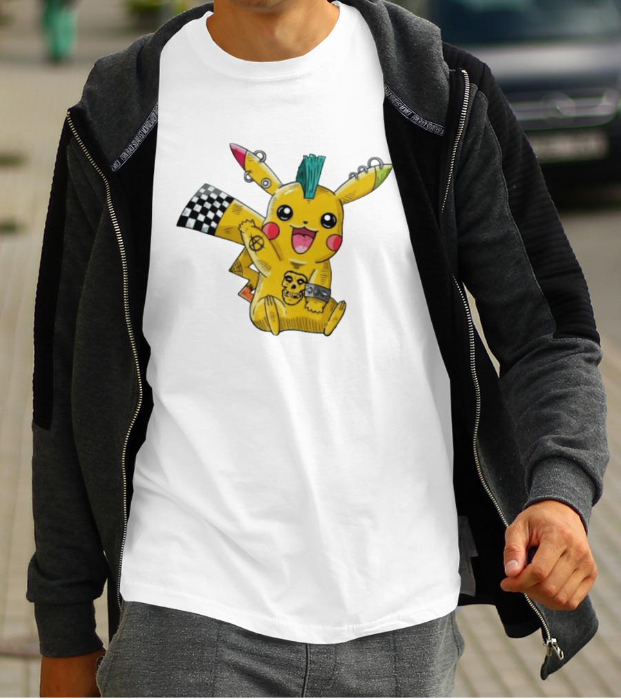Punkachu Pikachu Mohawk Skull Anarchist Punk Rock Style Checkered Flag Details T-Shirt