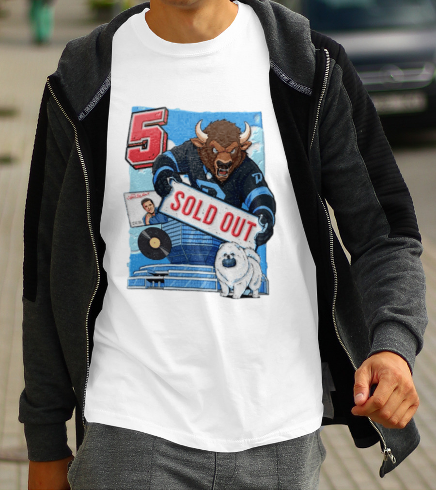 5 Bison Sold Out Sign White Fluffy Dog Holding Puck T-Shirt