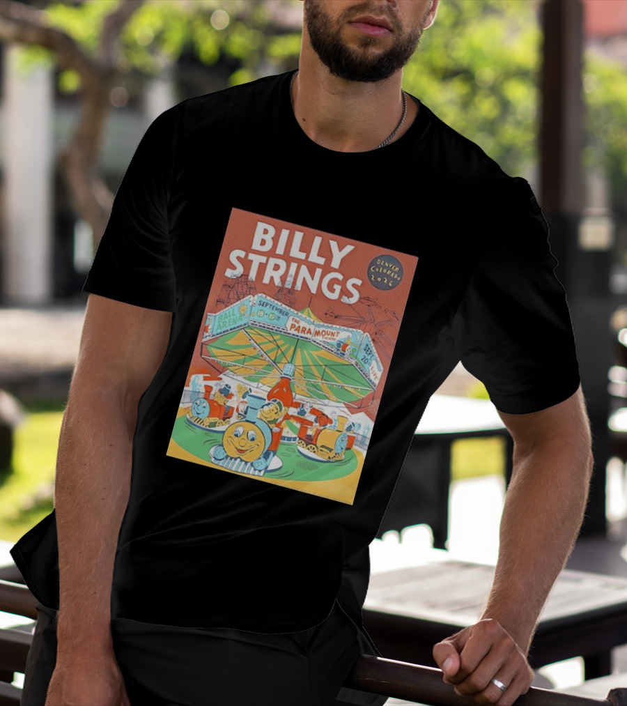 Billy Strings Denver Colorado 2026 Ball Arena Paramount Theatre September Concert Featuring Train Carousel Illustrations T-Shirt