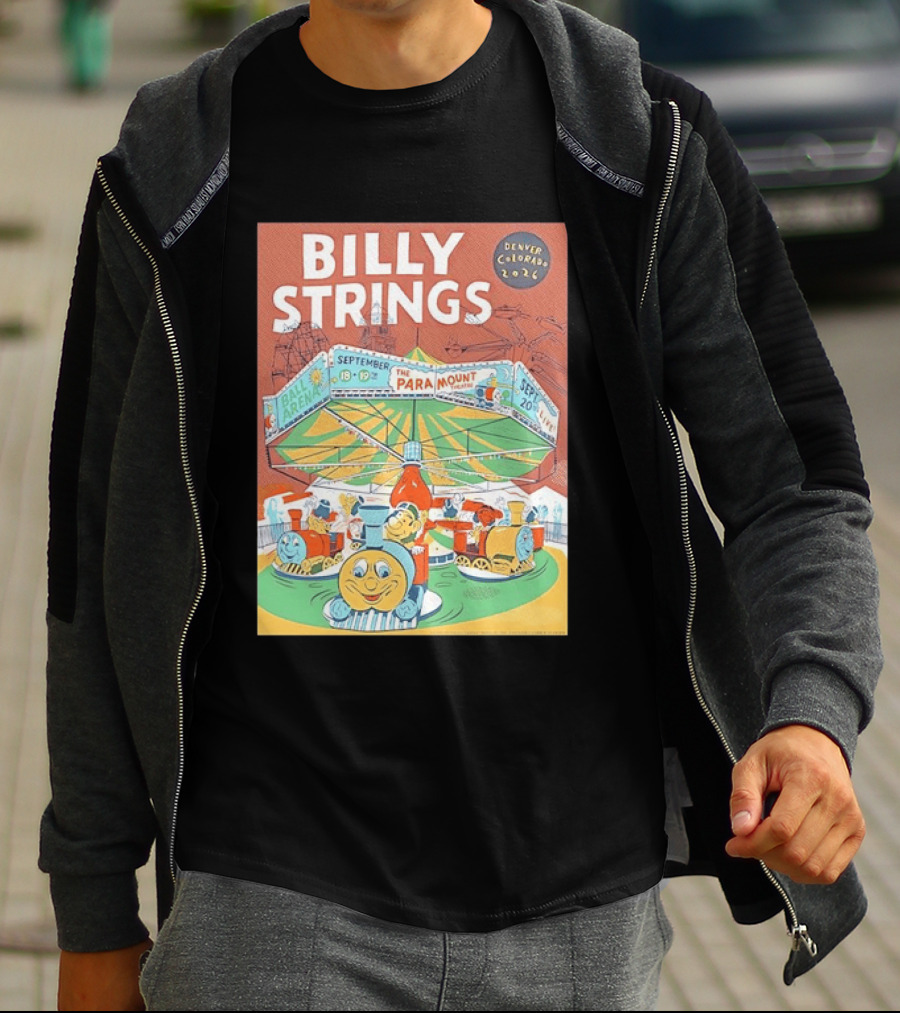 Billy Strings Denver Colorado 2026 Ball Arena Paramount Theatre September Concert Featuring Train Carousel Illustrations T-Shirt