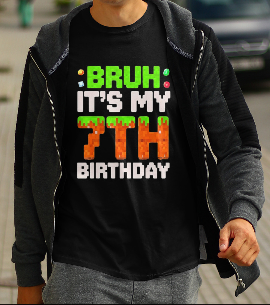 Bruh It's My 7th Birthday Pixel Gamer Style Block T-Shirt