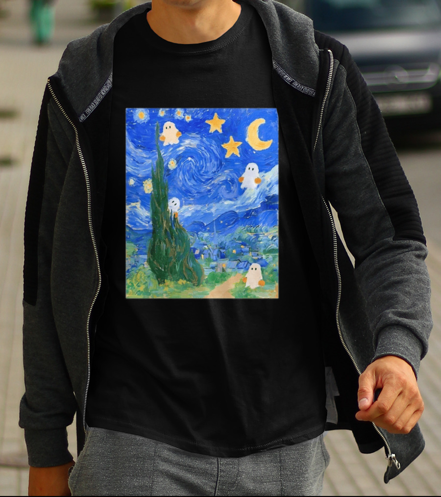 Starry Night Halloween Ghosts Vincent Van Gogh Painting T-Shirt