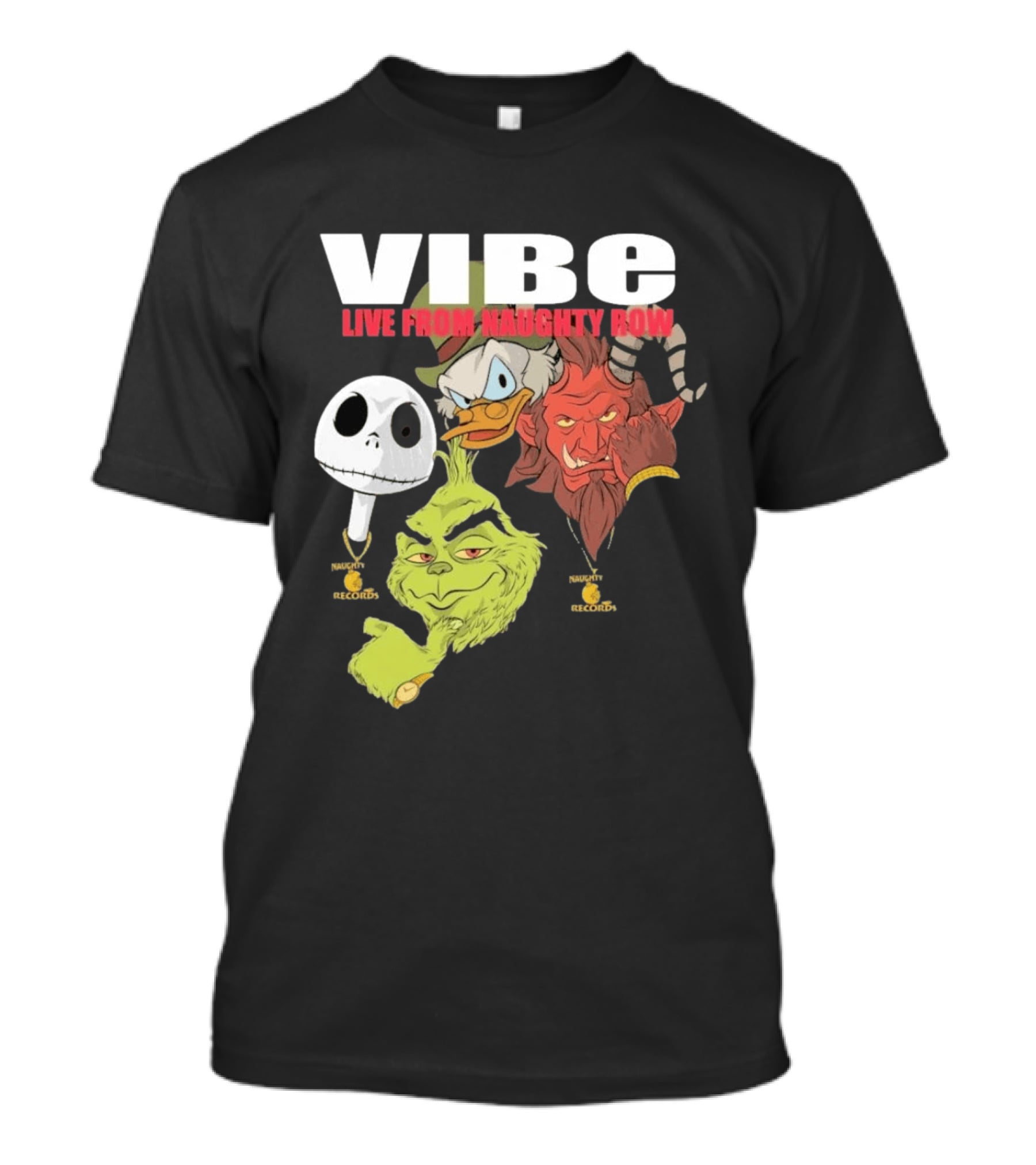 Vibe Live From Naughty Row Grinch Krampus Scrooge Jack Skellington Christmas Naughty Row Records T-Shirt