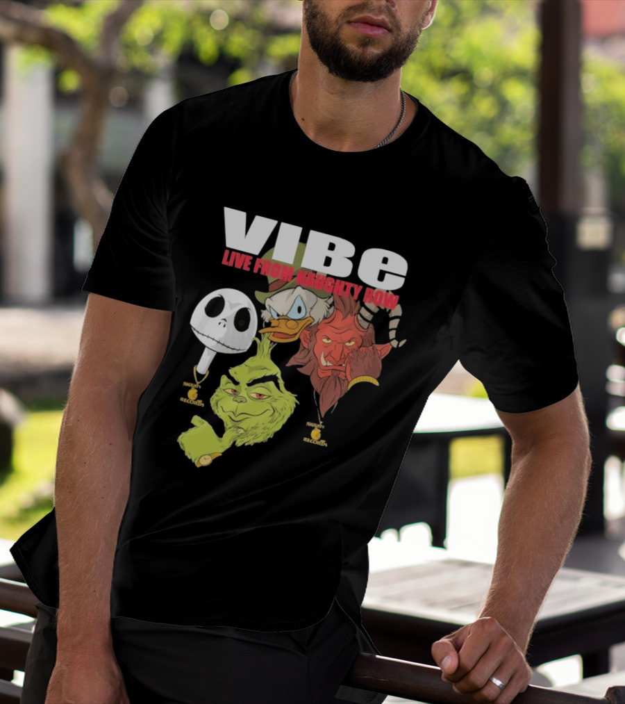 Vibe Live From Naughty Row Grinch Krampus Scrooge Jack Skellington Christmas Naughty Row Records T-Shirt