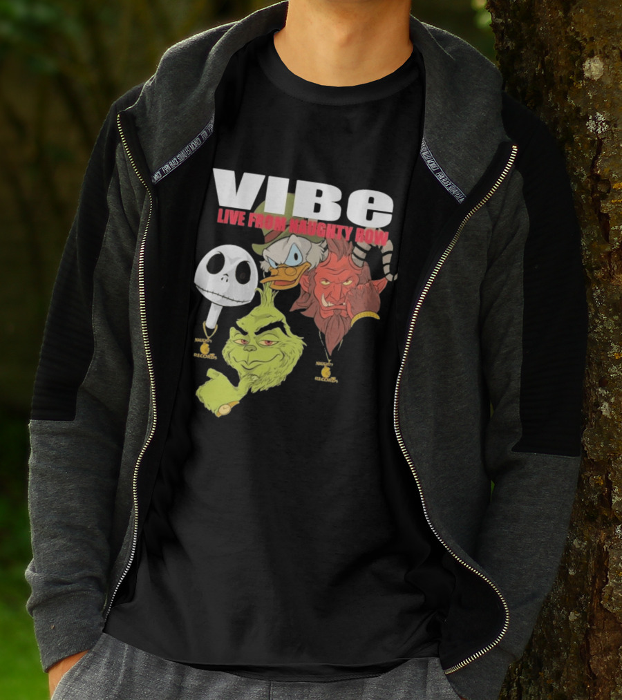 Vibe Live From Naughty Row Grinch Krampus Scrooge Jack Skellington Christmas Naughty Row Records T-Shirt