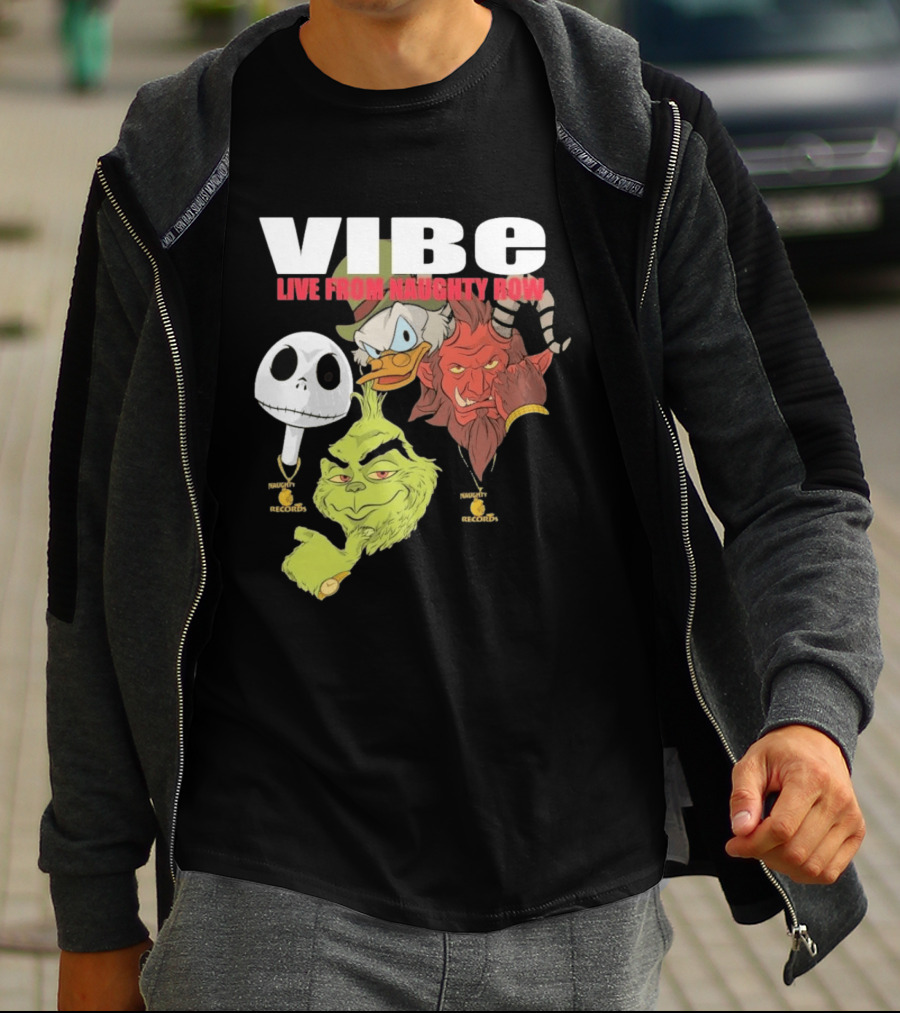 Vibe Live From Naughty Row Grinch Krampus Scrooge Jack Skellington Christmas Naughty Row Records T-Shirt