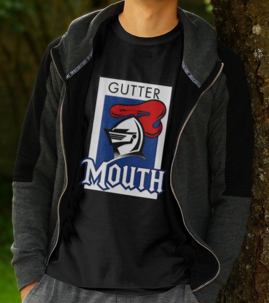 Guttermouth Newcastle Knights Collaboration Rugby League Iconic Helmet Red Blue T-Shirt