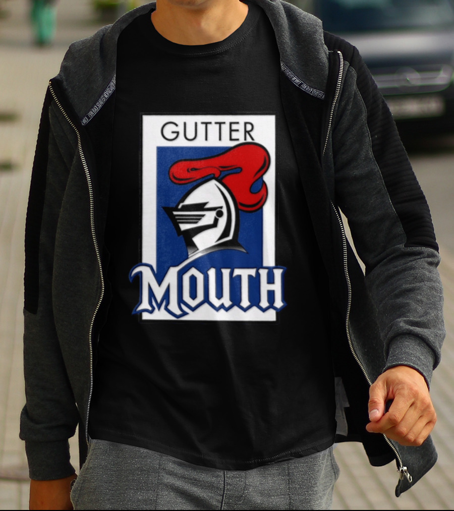 Guttermouth Newcastle Knights Collaboration Rugby League Iconic Helmet Red Blue T-Shirt