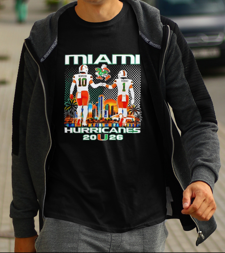 Miami Hurricanes 2026 Darian Mensah Malachi Toney Football Team Skyline Sunset T-Shirt
