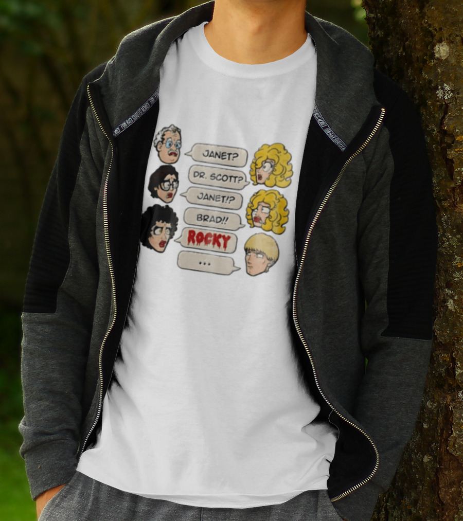 Janet Dr Scott Brad Rocky Horror Picture Show Speech Bubbles Cartoon Heads Dialogue T-Shirt