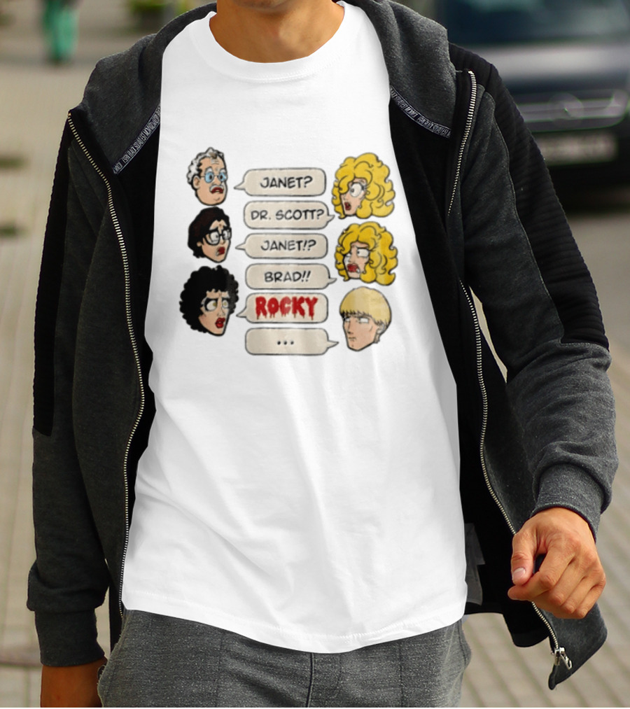 Janet Dr Scott Brad Rocky Horror Picture Show Speech Bubbles Cartoon Heads Dialogue T-Shirt