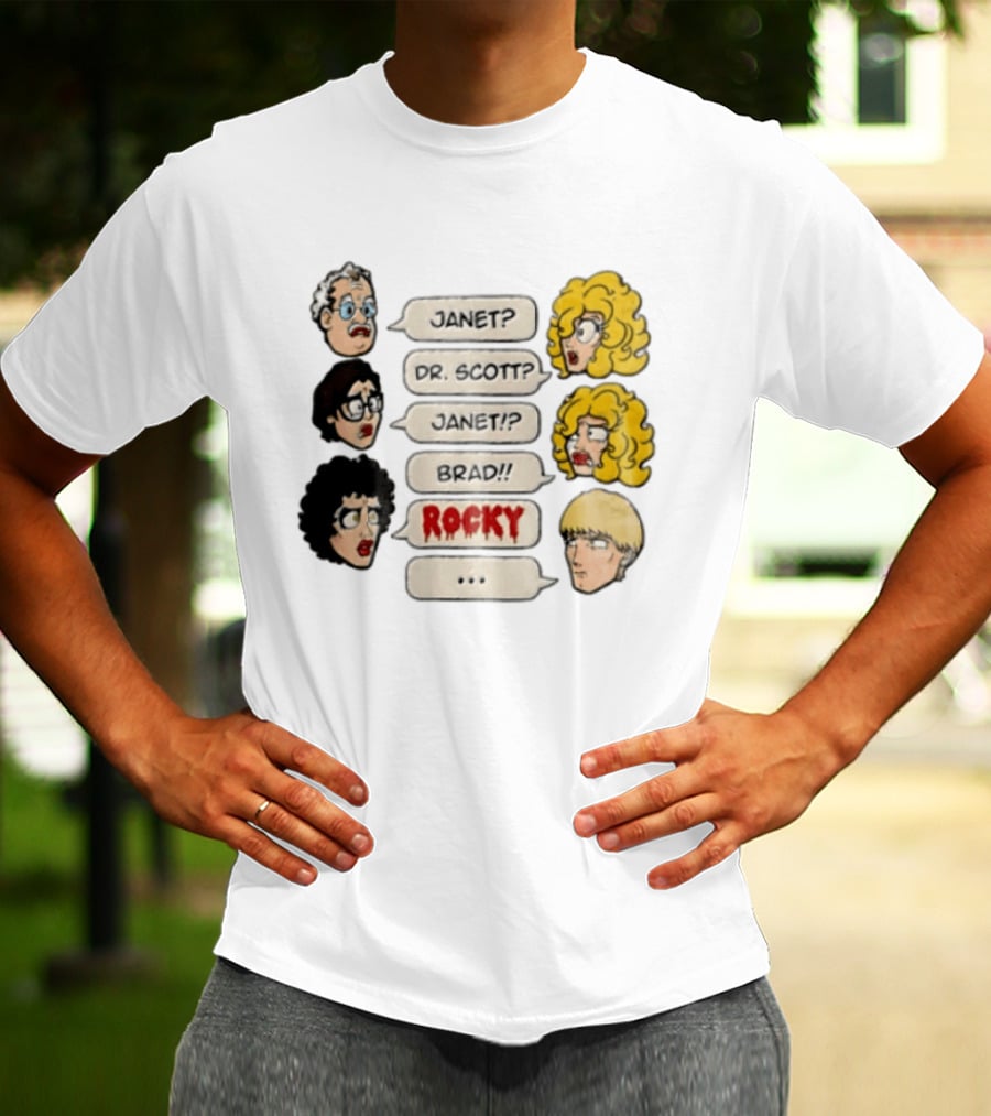 Janet Dr Scott Brad Rocky Horror Picture Show Speech Bubbles Cartoon Heads Dialogue T-Shirt