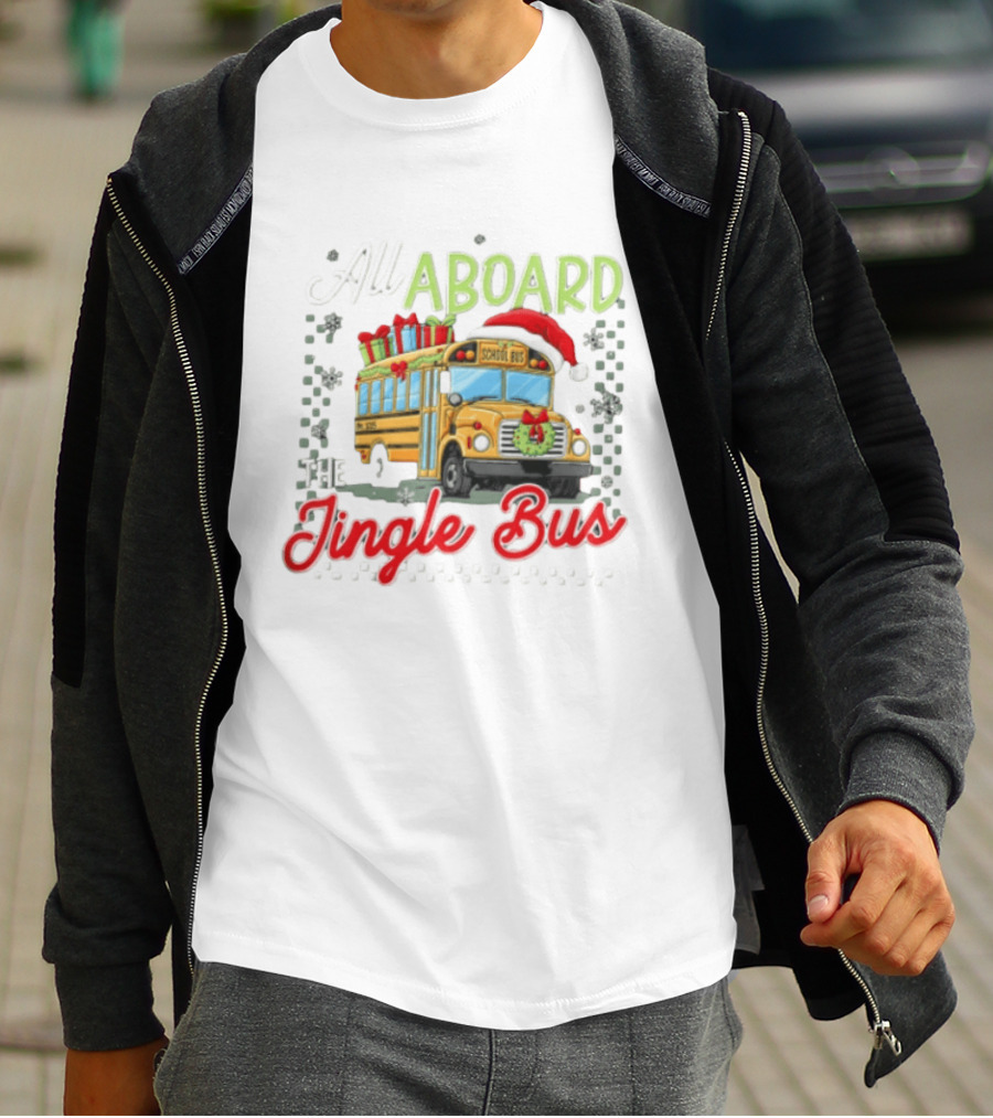 All Aboard The Jingle Bus Christmas Yellow School Bus Santa Hat Gifts Snowflakes Wreath T-Shirt