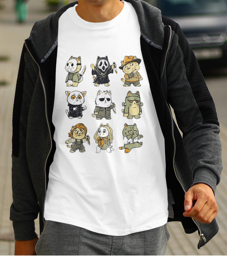 Horror Movie Cats Meowster Party Jason Ghostface Freddy Krueger Halloween T-Shirt