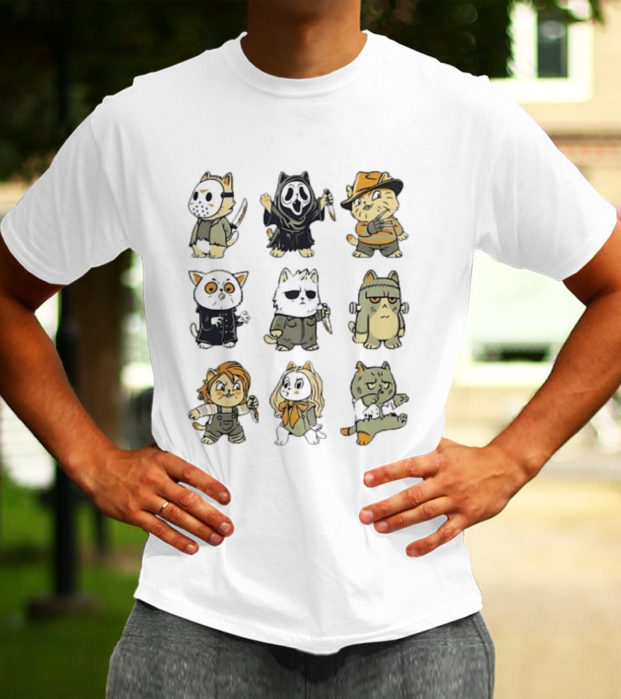 Horror Movie Cats Meowster Party Jason Ghostface Freddy Krueger Halloween T-Shirt