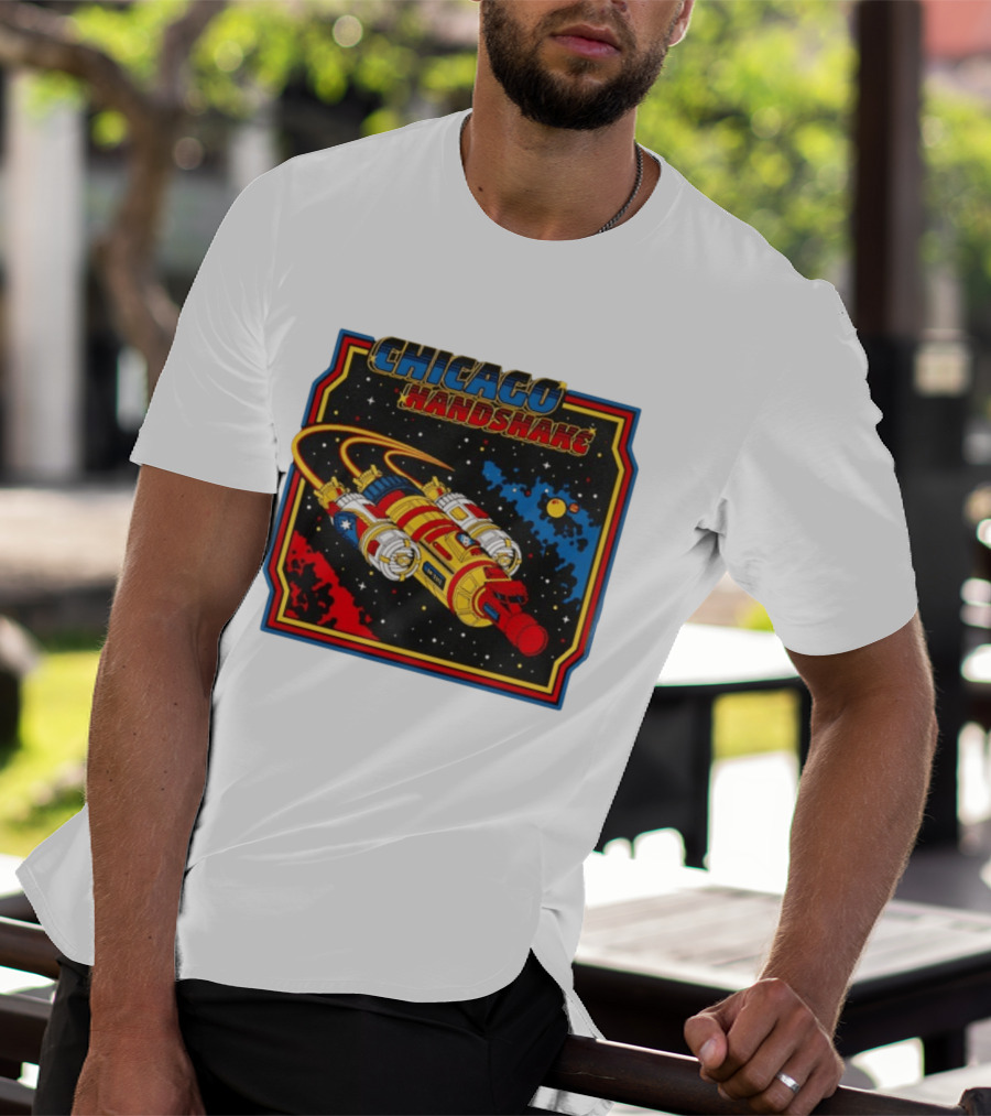 Chicago Handshake Spaceship Malort Old Lager Retro Sci Fi Space Adventure T-Shirt