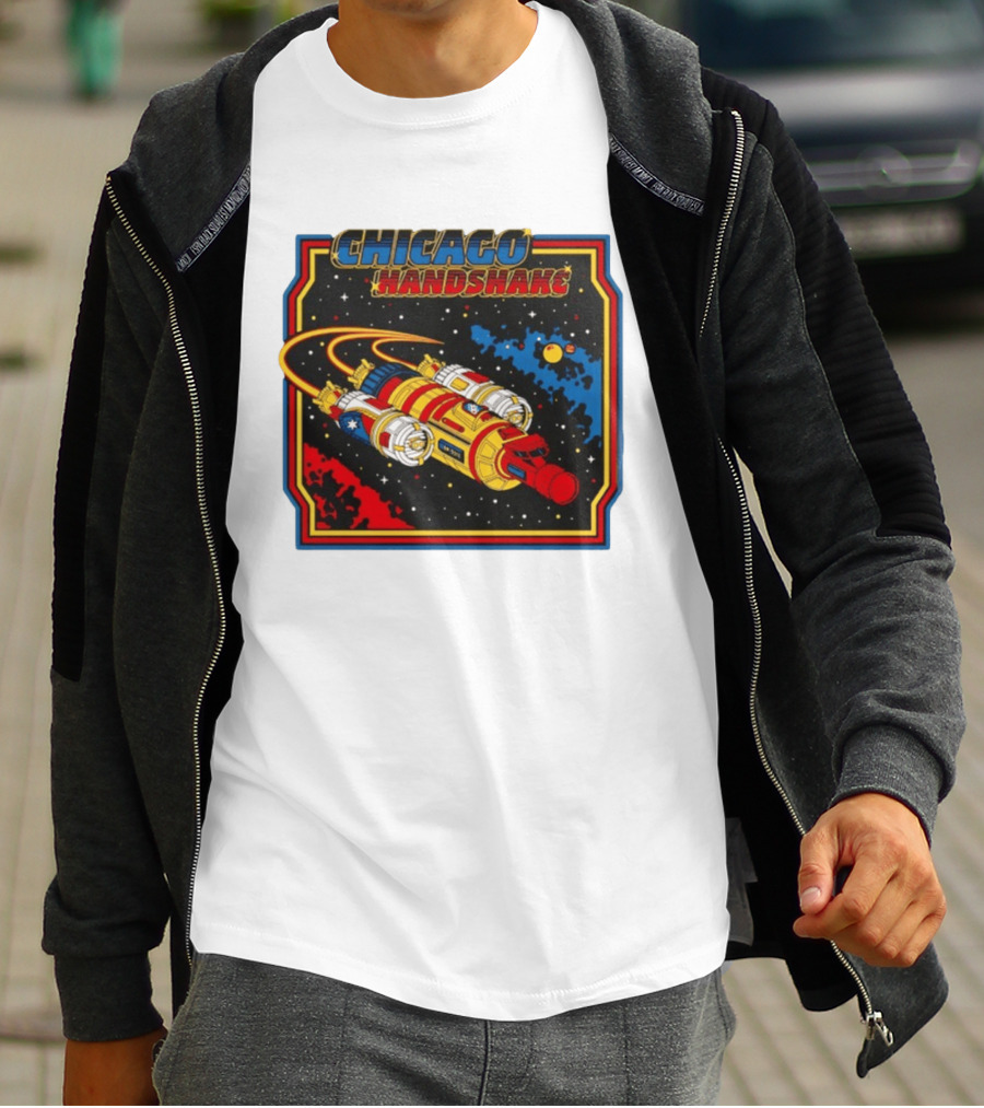 Chicago Handshake Spaceship Malort Old Lager Retro Sci Fi Space Adventure T-Shirt