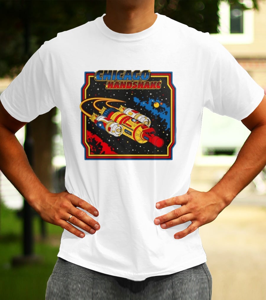 Chicago Handshake Spaceship Malort Old Lager Retro Sci Fi Space Adventure T-Shirt