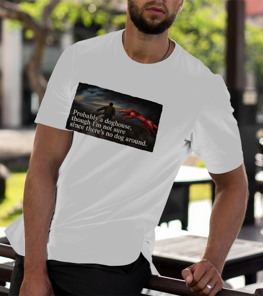 Probably A Doghouse Though I'm Not Sure Since There's No Dog Around Surreal Landscape With Figure And Red Creature T-Shirt