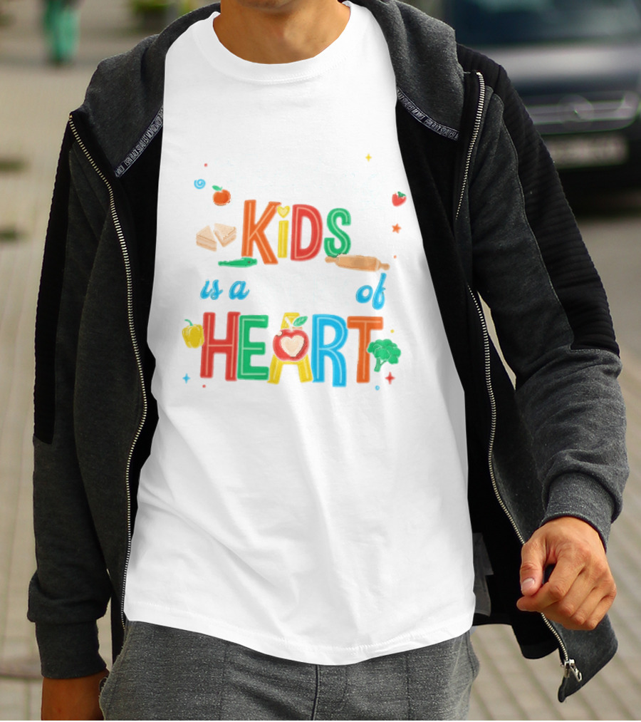Feeding Kids Is A Work Of Heart Kitchen Tools Colorful Food Items T-Shirt