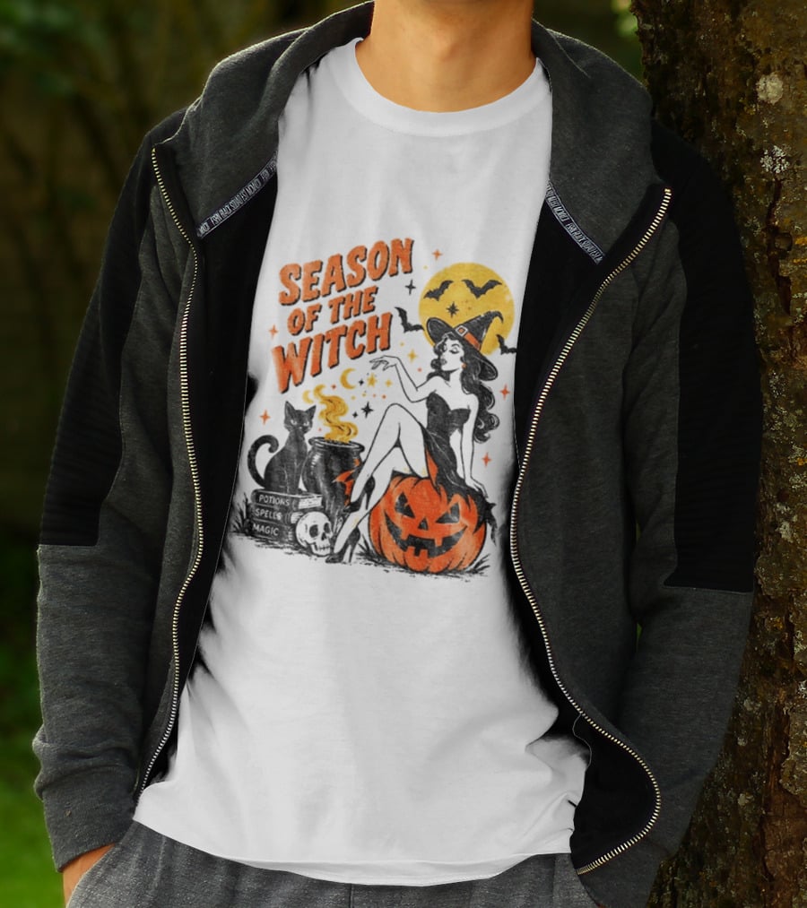 Season Of The Witch Halloween Spooky Season Full Moon Pumpkin Black Cat Bat T-Shirt