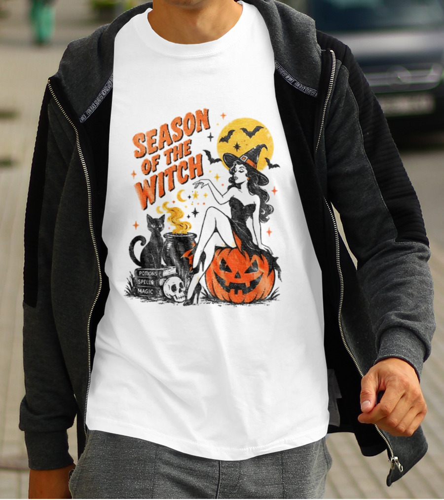 Season Of The Witch Halloween Spooky Season Full Moon Pumpkin Black Cat Bat T-Shirt