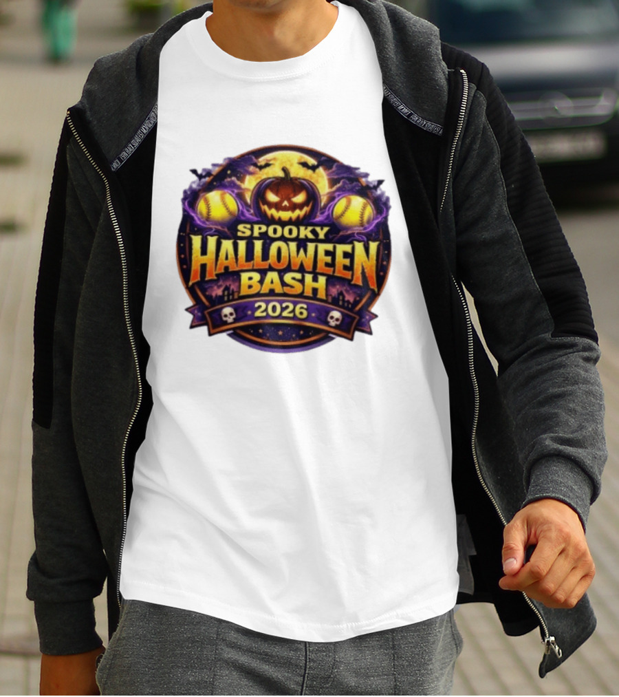 Spooky Halloween Bash 2026 Pumpkin Moonlit Baseball Skulls T-Shirt