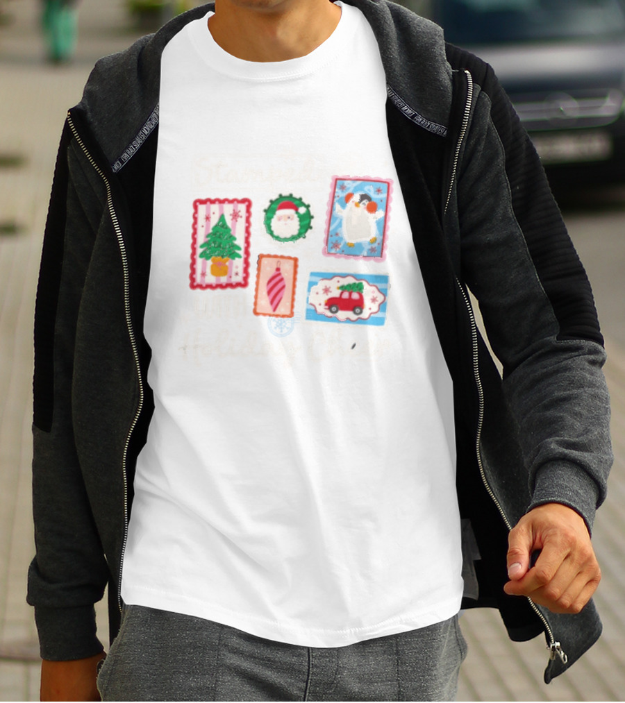 Stamped With Holiday Cheer Christmas Tree Santa Penguin Car T-Shirt