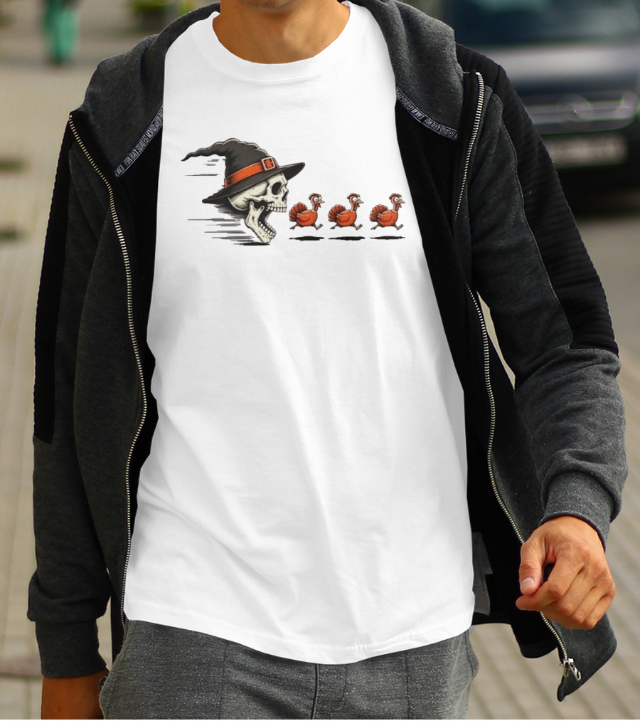 Witch Skull Chasing Turkeys Thanksgiving Humor T-Shirt