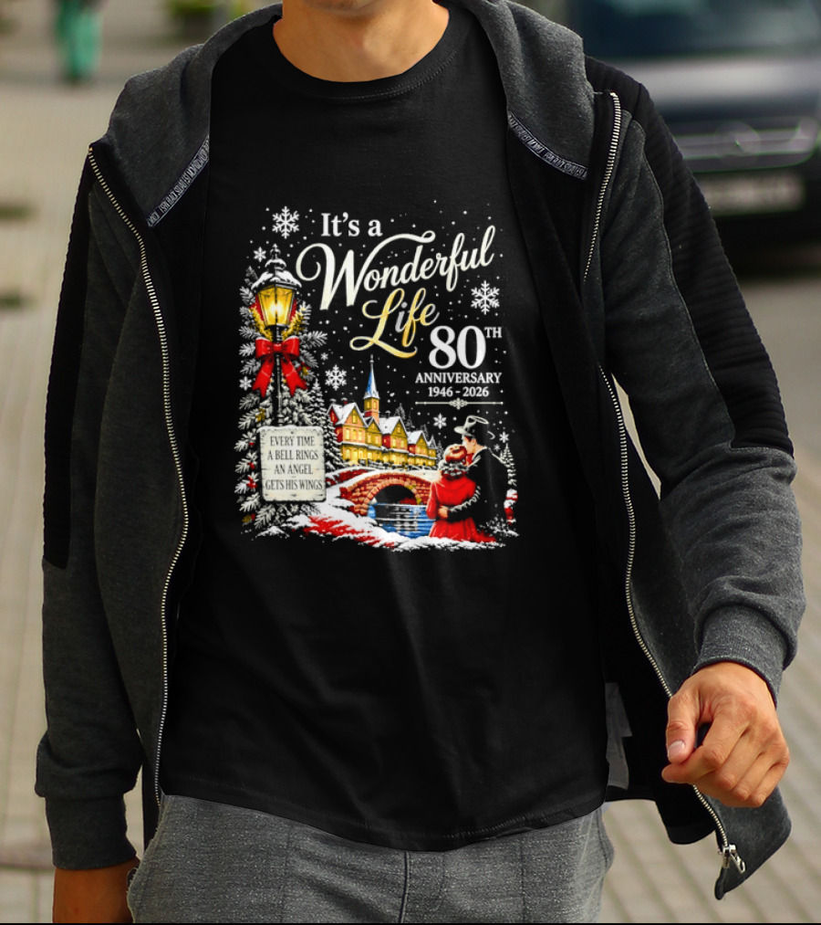 It's A Wonderful Life 80th Anniversary 1946 2026 Christmas Village Scene Snowflakes Lantern T-Shirt