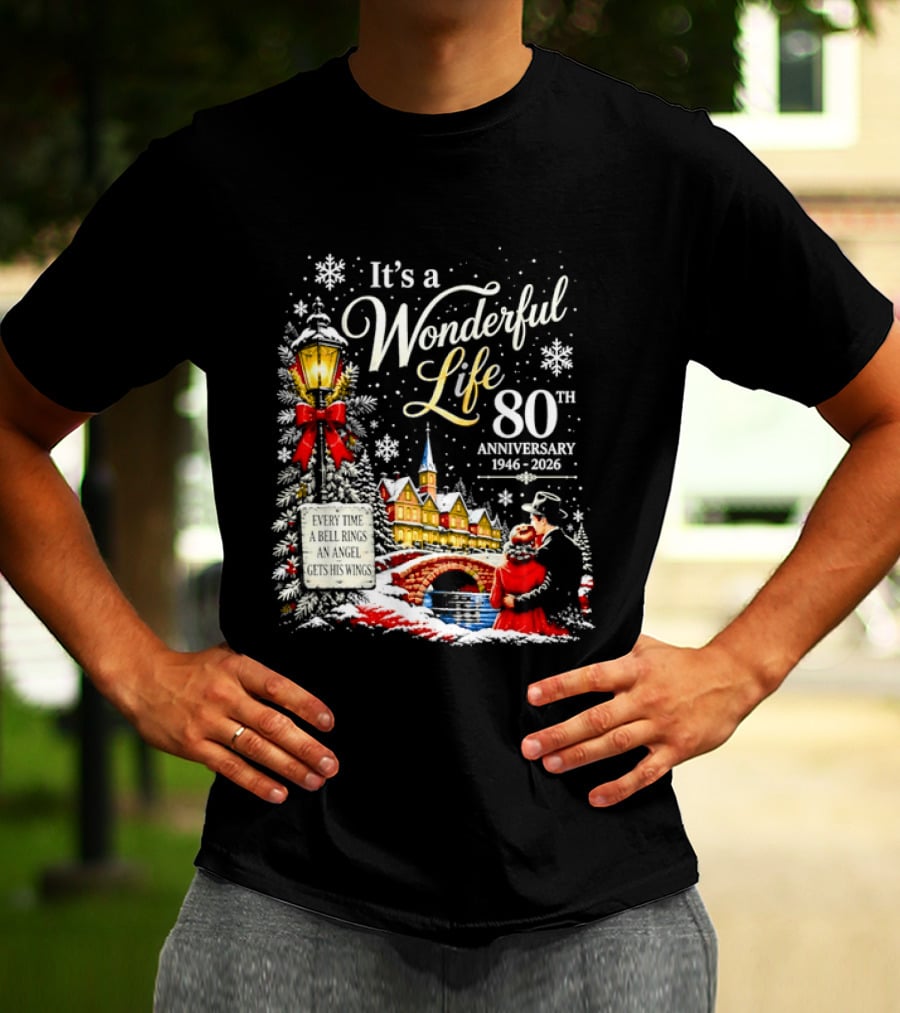 It's A Wonderful Life 80th Anniversary 1946 2026 Christmas Village Scene Snowflakes Lantern T-Shirt