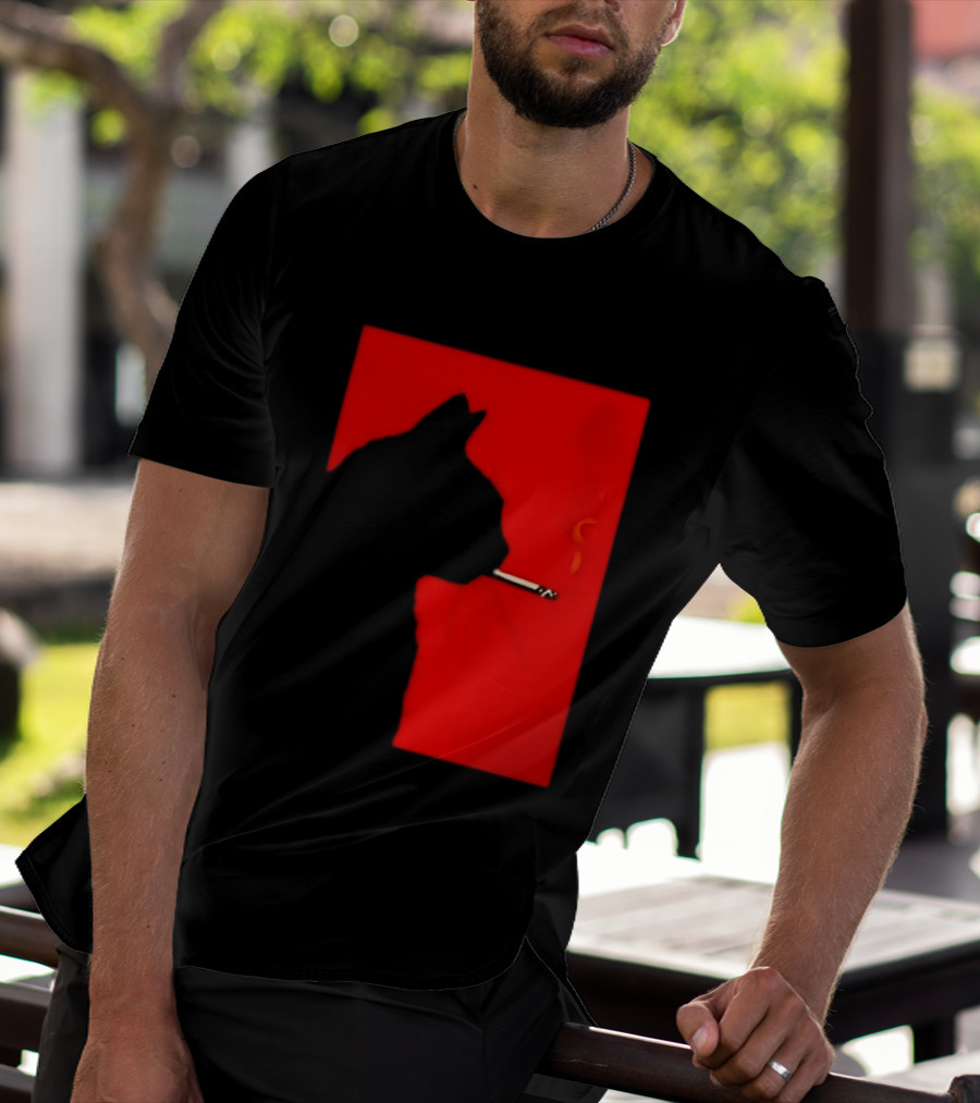 Black Cat Silhouette With Cigarette On Red T-Shirt
