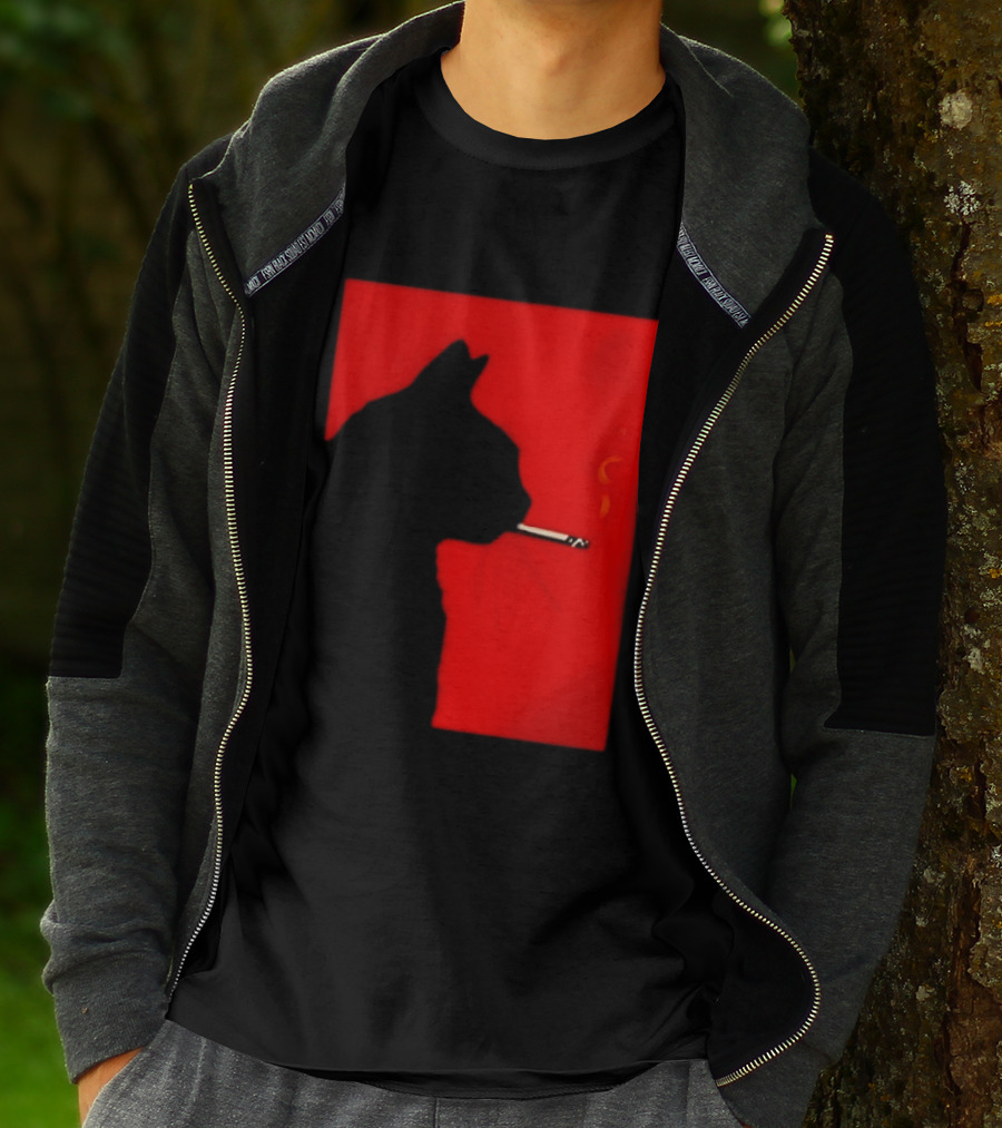 Black Cat Silhouette With Cigarette On Red T-Shirt
