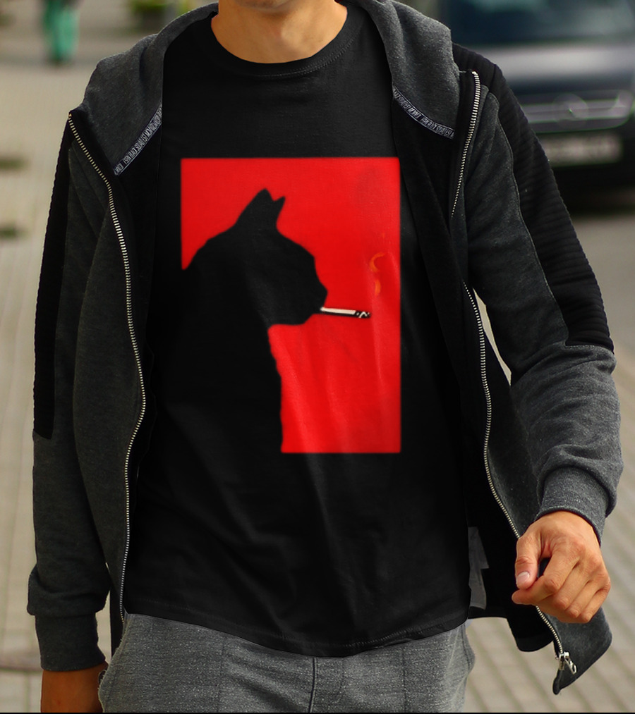 Black Cat Silhouette With Cigarette On Red T-Shirt