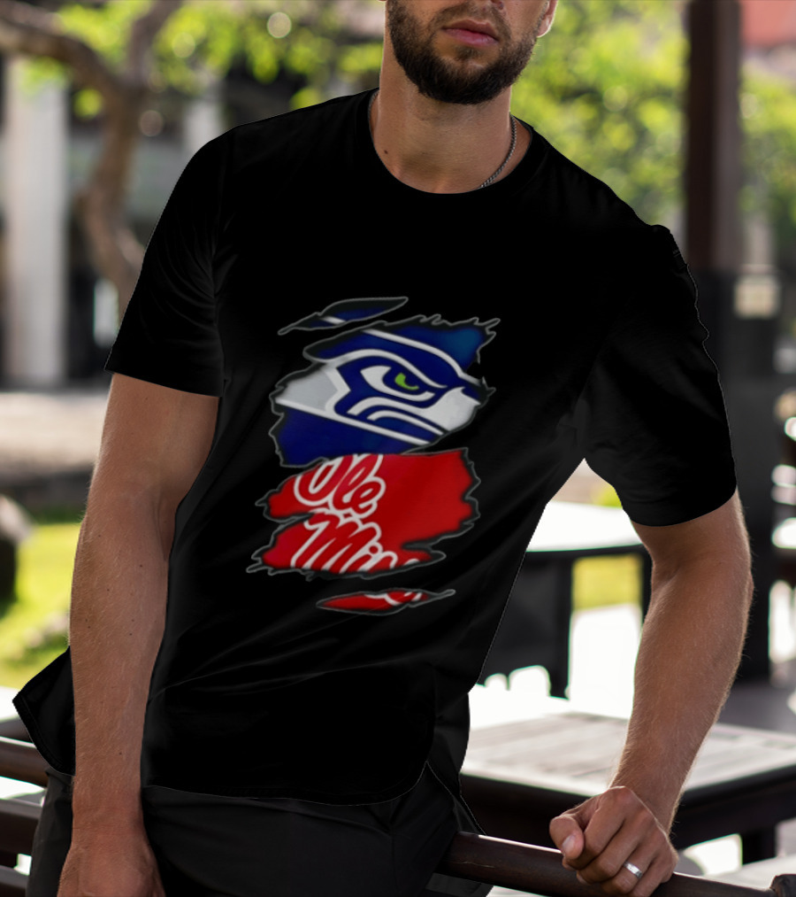 Seattle Seahawks Ole Miss Rebels Ripped Fabric Reveal T-Shirt