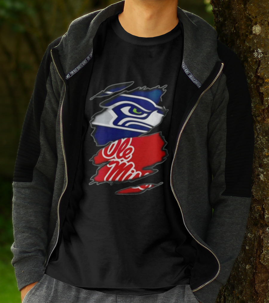 Seattle Seahawks Ole Miss Rebels Ripped Fabric Reveal T-Shirt