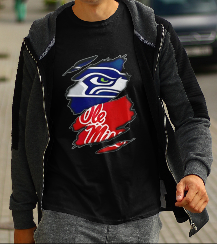 Seattle Seahawks Ole Miss Rebels Ripped Fabric Reveal T-Shirt
