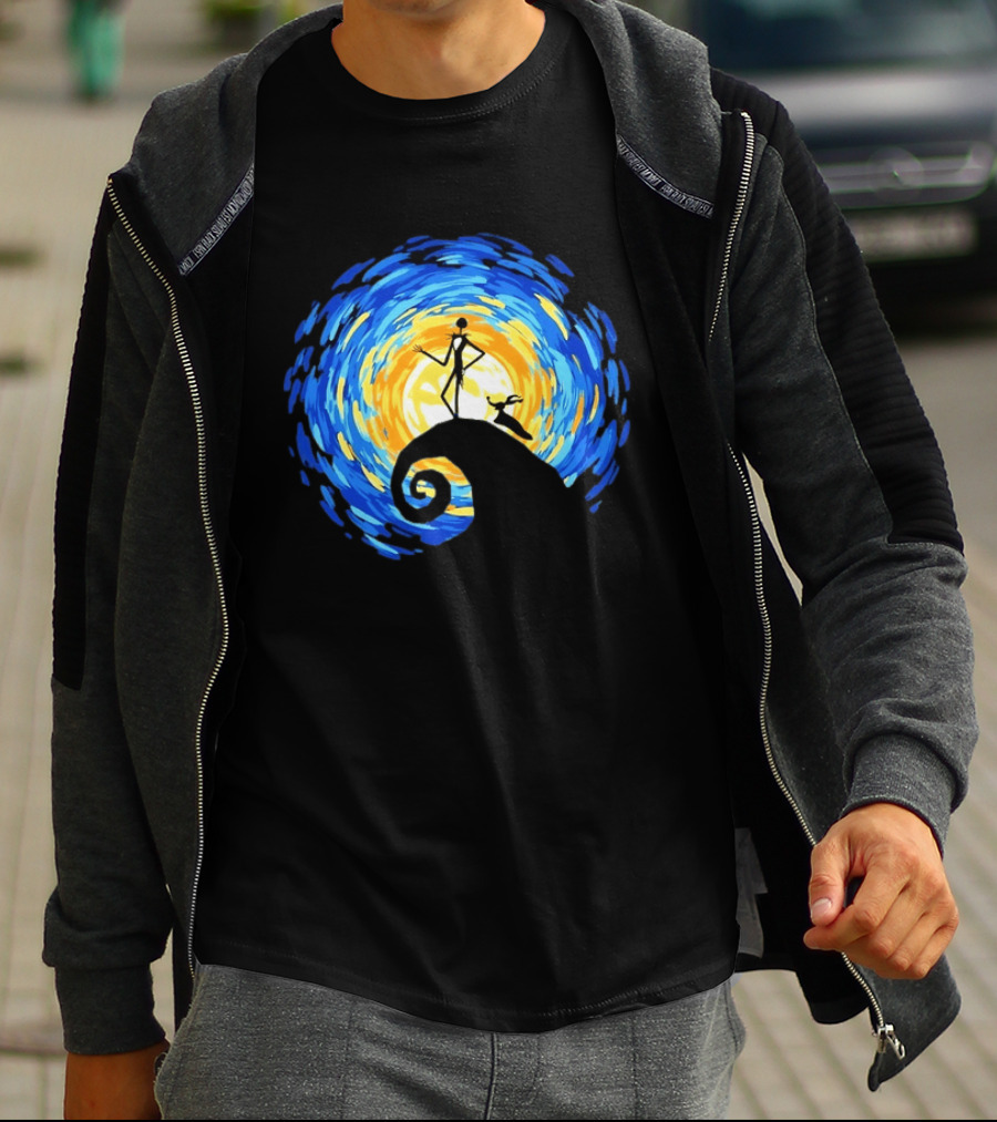 Jack Skellington Zero Halloween Starry Night Scene Inspired By Van Gogh T-Shirt