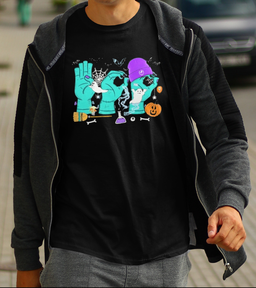 Boo ASL SPED Halloween 2026 Ghost Hands Pumpkin Broomstick Hat Bat Cobweb T-Shirt