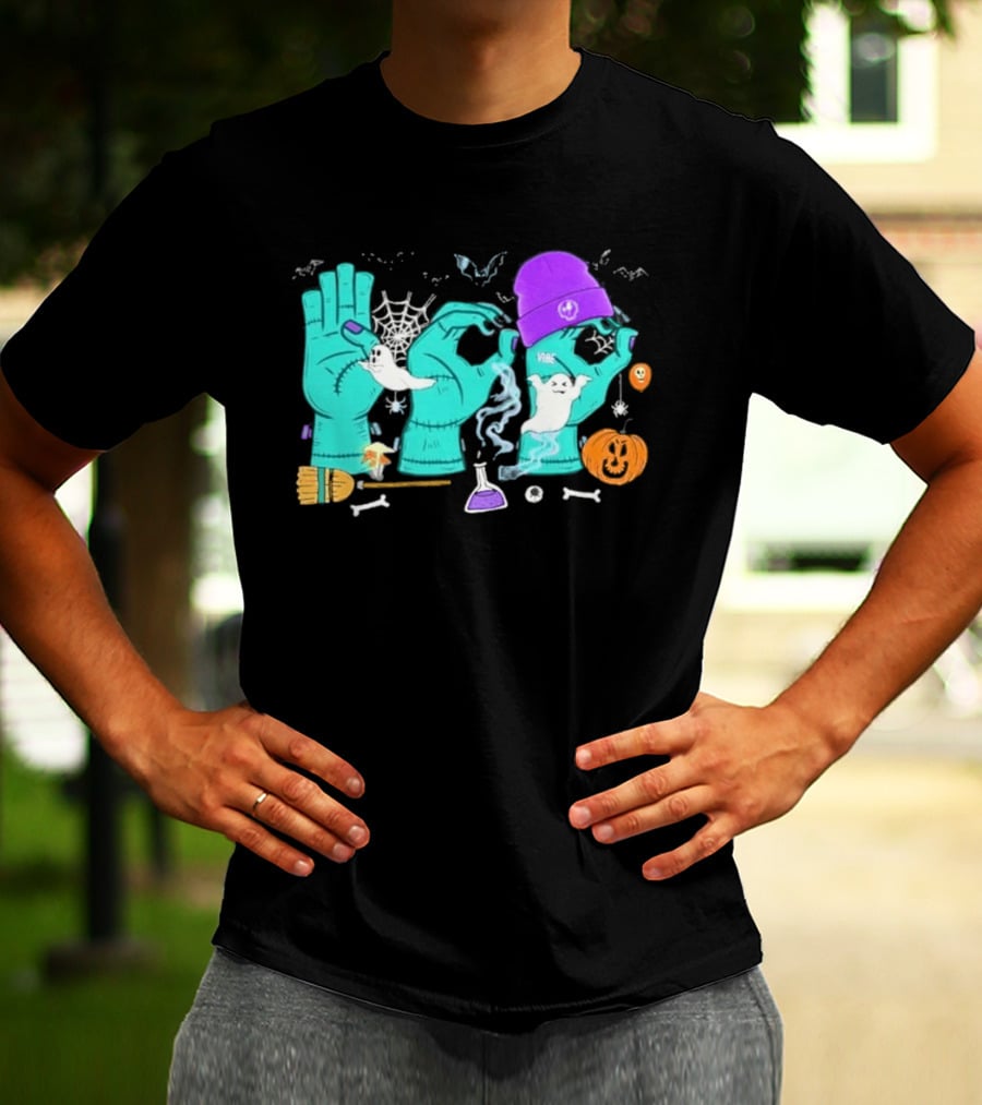 Boo ASL SPED Halloween 2026 Ghost Hands Pumpkin Broomstick Hat Bat Cobweb T-Shirt