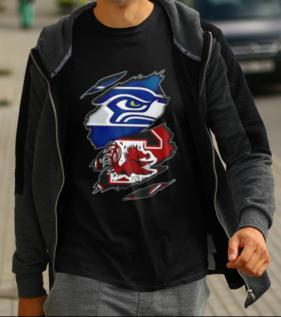 Seattle Seahawks South Carolina Gamecocks Torn Fabric Reveal Team Logos T-Shirt