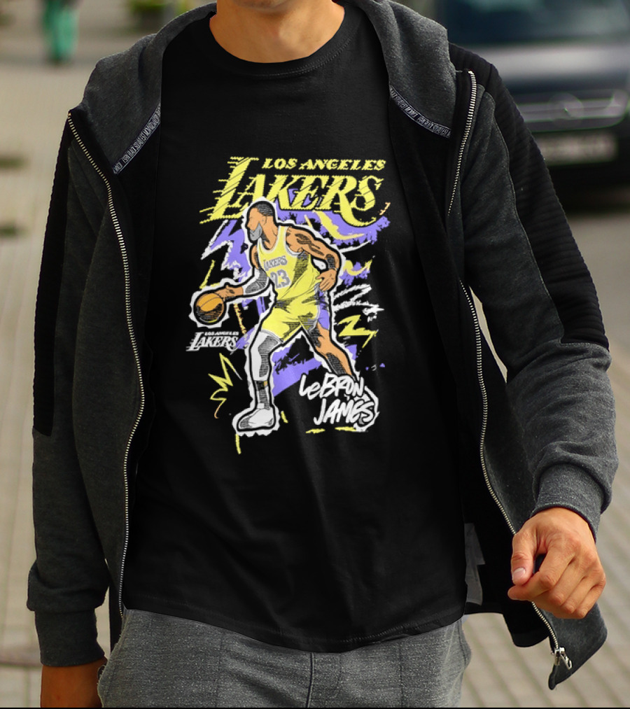 LeBron James Los Angeles Lakers 23 NBA Basketball Player Sketch Yellow Purple T-Shirt