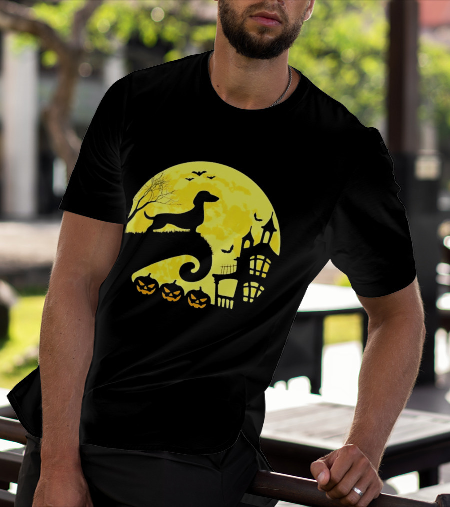 Dachshund Halloween Moon Spooky Night With Pumpkins T-Shirt