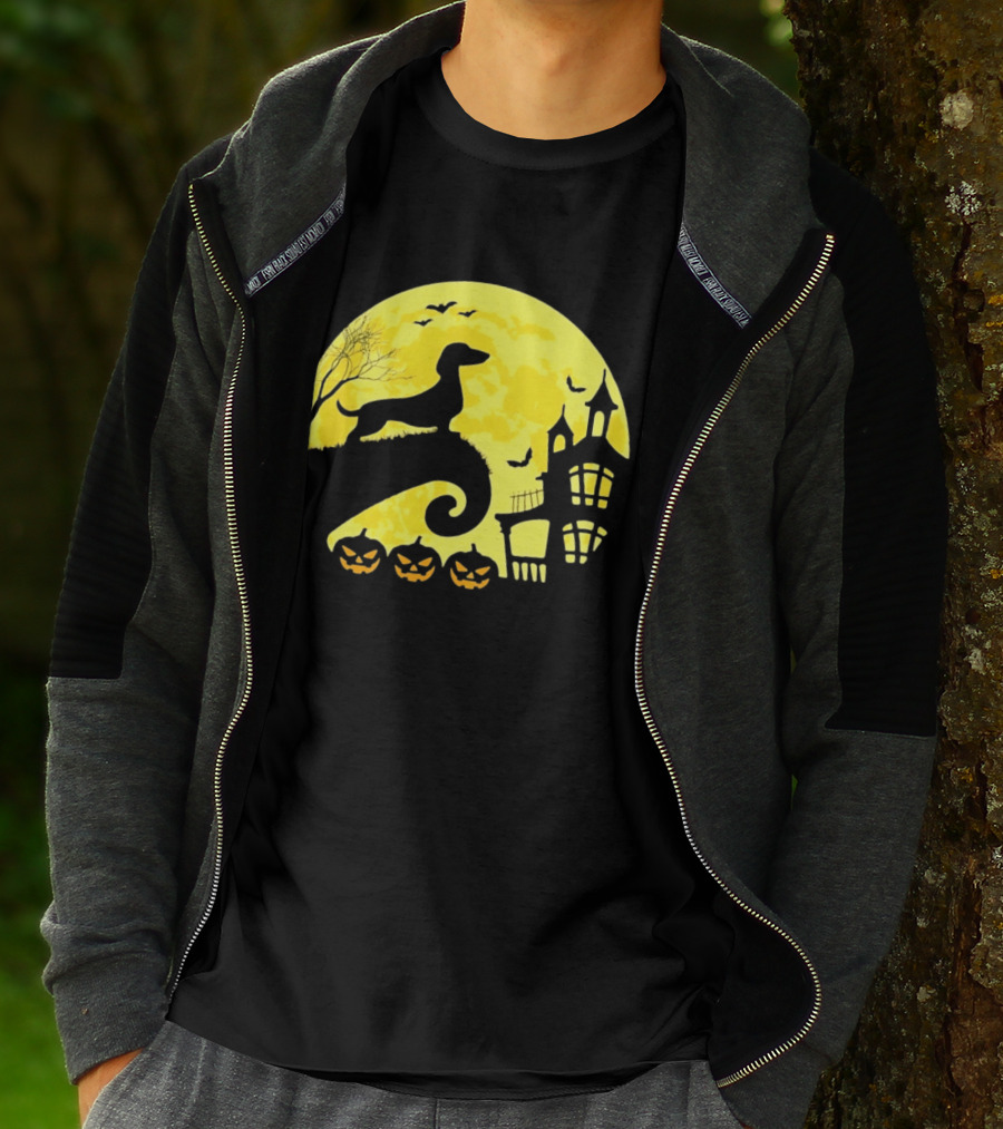 Dachshund Halloween Moon Spooky Night With Pumpkins T-Shirt