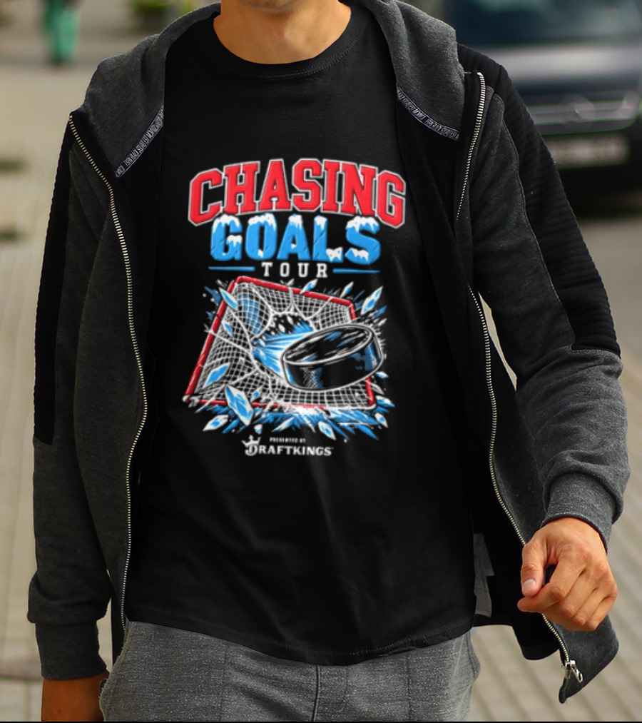 DraftKings Chasing Goals Tour Hockey Puck Crashing Into Net T-Shirt