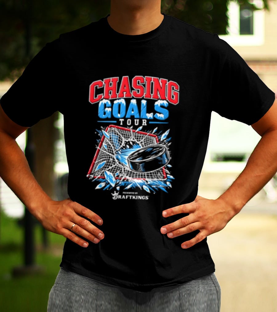 DraftKings Chasing Goals Tour Hockey Puck Crashing Into Net T-Shirt