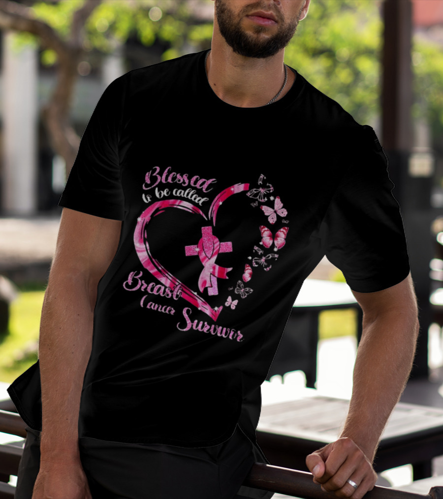 Blessed To Be Called Breast Cancer Survivor Pink Butterfly Ribbon Heart T-Shirt
