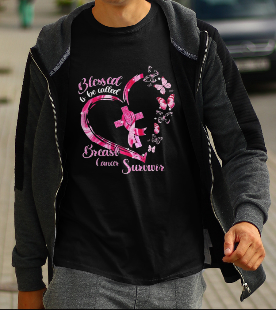 Blessed To Be Called Breast Cancer Survivor Pink Butterfly Ribbon Heart T-Shirt