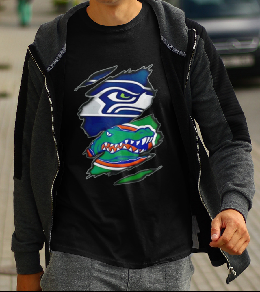 Seattle Seahawks Florida Gators Ripped Fabric Effect Sports Logos T-Shirt